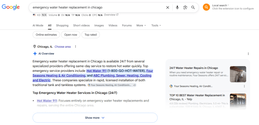 When a user searches for an emergency water heater replacement in Chicago, Google’s AI Overviews 